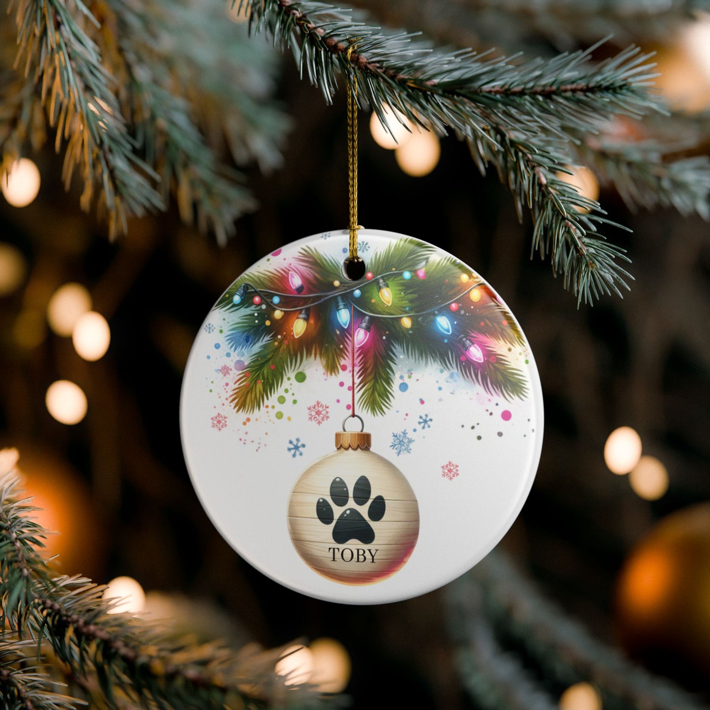 Personalized Dog Paw Print Ornament, Festive Christmas Lights Design