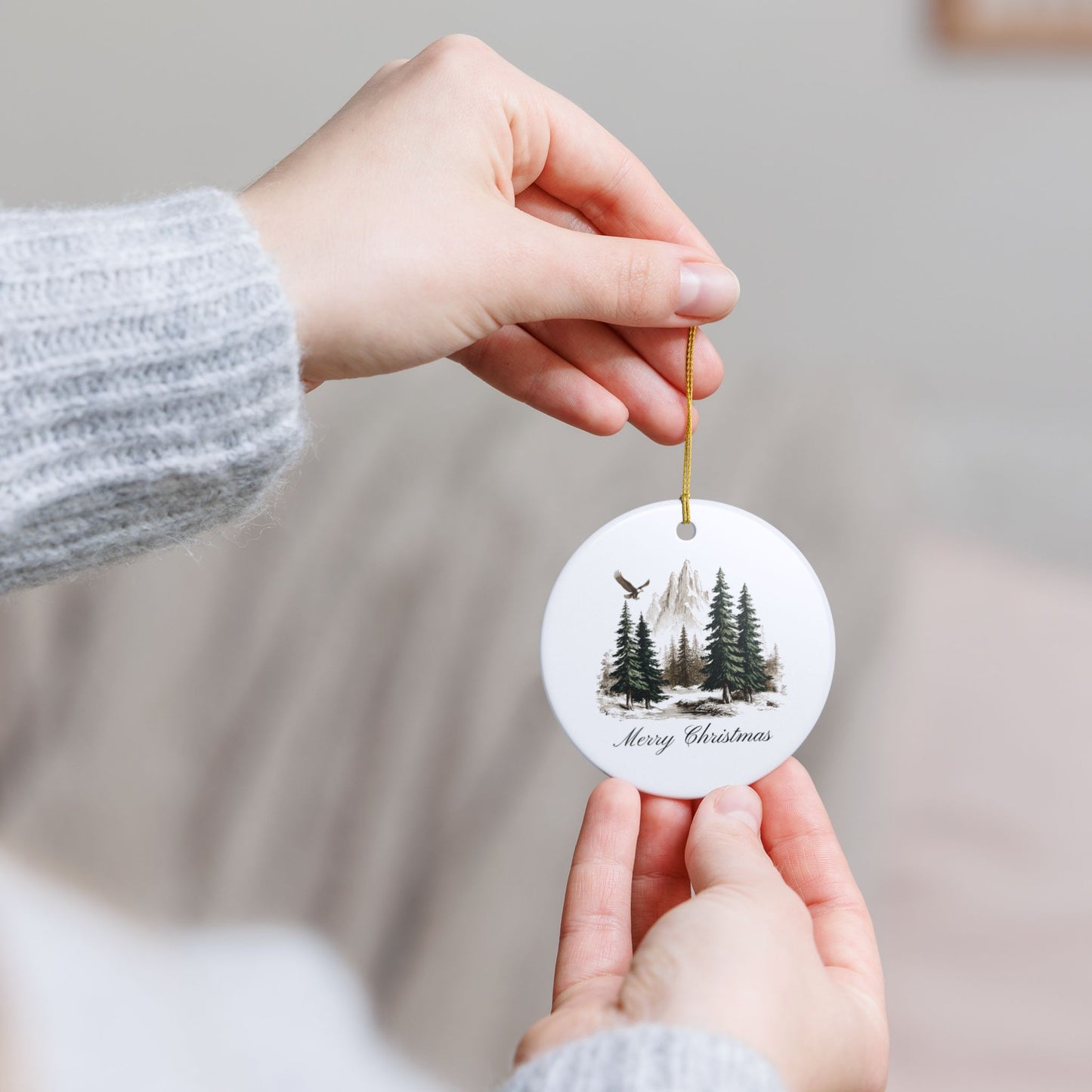 Rustic Merry Christmas Ornament, Mountain Pine Forest Theme
