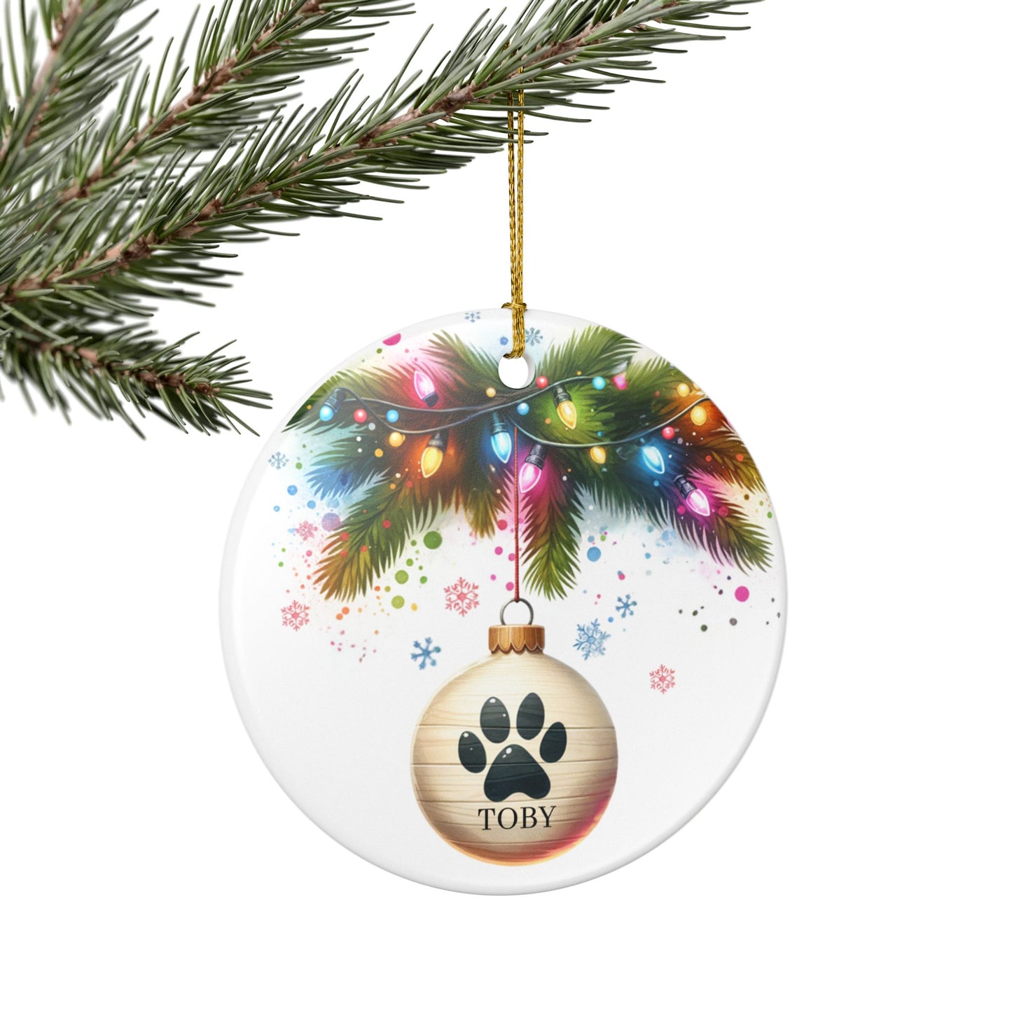 Personalized Dog Paw Print Ornament, Festive Christmas Lights Design