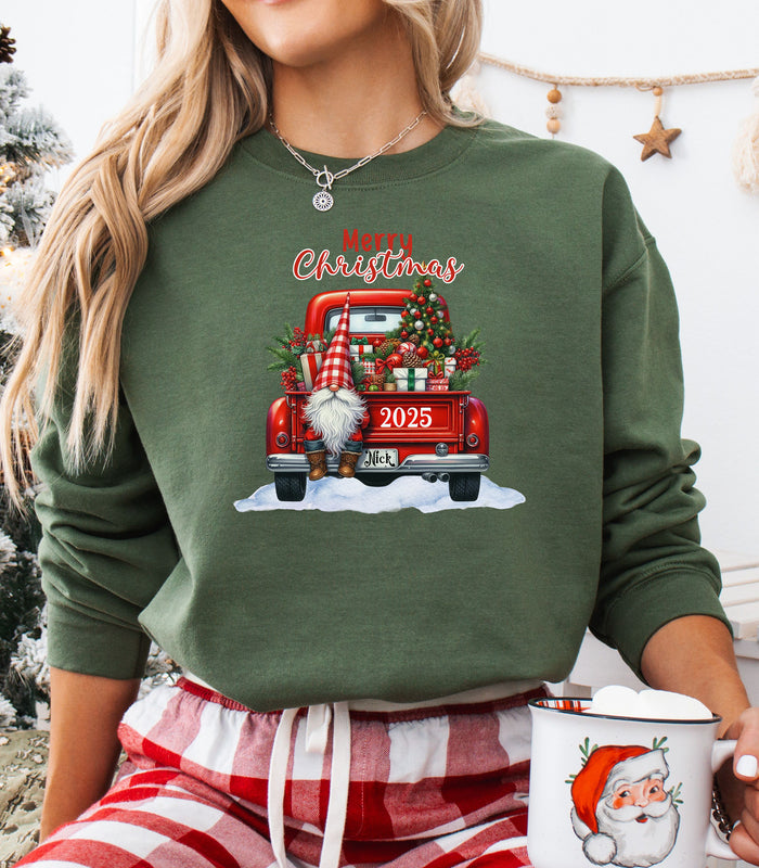 Red Truck Christmas Sweatshirt, Festive Gnome & Tree 2025 Pullover