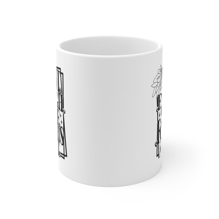 White ceramic mug featuring bold black typography reading “Not Enough Sage For This Shit,” framed in a whimsical outlined border. The design includes a detailed sage bundle illustration at the top and a small jar with a sage leaf motif at the bottom, adding a witchy, mystical vibe. Perfect for humorous coffee or tea moments, it blends sassy attitude with boho and spiritual flair, making it an ideal gift for friends with a sense of humor.