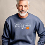 Heather Sport Dark Navy Gildan sweatshirt featuring a vintage-inspired white “Autumn Acres Farm Pumpkin Patch” design with decorative swirls and white and orange pumpkins—on the side. A cozy, rustic fall look perfect for pumpkin picking, hayrides, and seasonal outings.