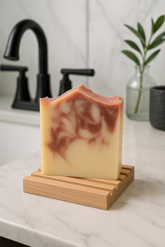 Rose Geranium & Pink Grapefruit Soap on counter