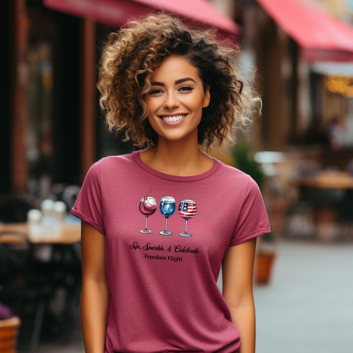 Heather Raspberry t-shirt featuring a festive 'Sip, Sparkle, & Celebrate β Freedom Flight' design with three wine glasses: one red with sparkles, one blue with stars, and one decorated with the American flag. Perfect for 4th of July, patriotic events, summer parties, and wine lovers celebrating in style.