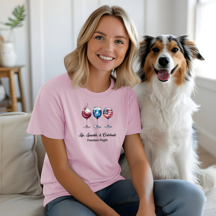 Pink t-shirt featuring a festive 'Sip, Sparkle, & Celebrate β Freedom Flight' design with three wine glasses: one red with sparkles, one blue with stars, and one decorated with the American flag. Perfect for 4th of July, patriotic events, summer parties, and wine lovers celebrating in style.