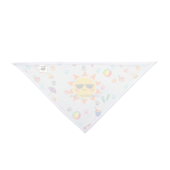 A white “Summer Fun” dog bandana decorated with a cheerful yellow sun in sunglasses, surrounded by colorful beach balls, paw prints, flip-flops, and tropical drink illustrations. The playful summer-themed accessory adds a vibrant, seasonal touch, perfect for beach outings, backyard barbecues, or sunny walks, keeping your pup stylish and festive during warm-weather adventures.