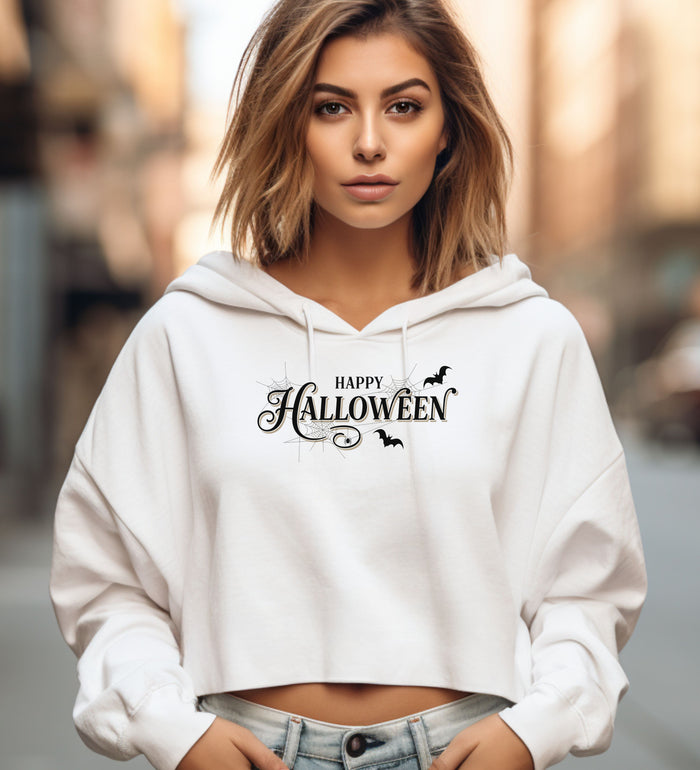 Happy Halloween Cropped Hooded Sweatshirt, Spooky Spiderweb Design