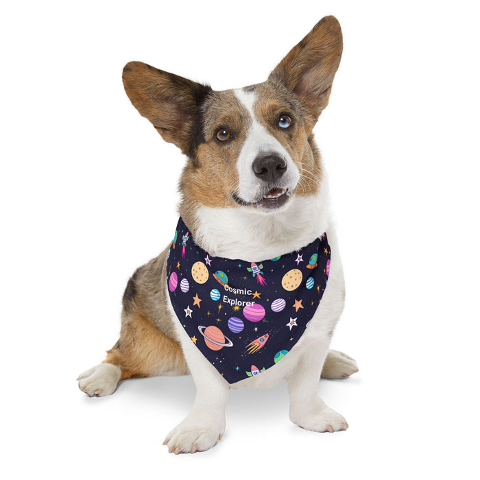 Dog wearing a “Cosmic Explorer” dog bandana collar with a dark navy background, decorated with colorful planets, stars, rockets, UFOs, and space-themed illustrations. The playful, galaxy-inspired design is perfect for adventurous pups, adding a fun and stylish touch for space lovers during walks, outings, or themed photoshoots.