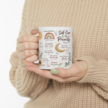 Self-Care Is My Priority Mug, Boho Wellness & Mindfulness Design