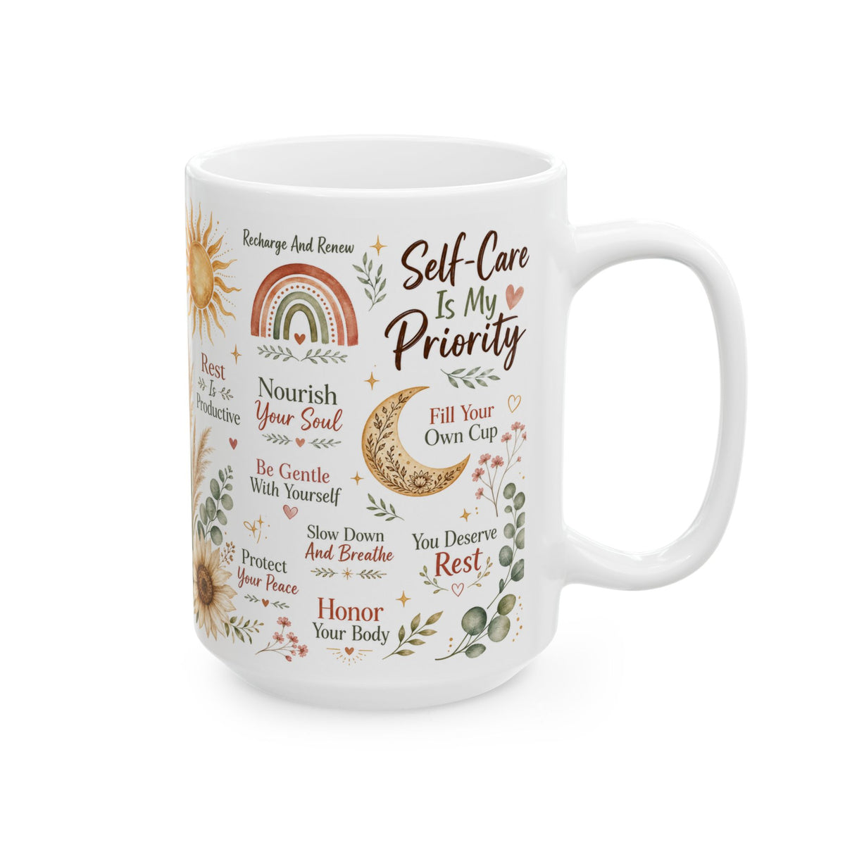Self-Care Is My Priority Mug, Boho Wellness & Mindfulness Design