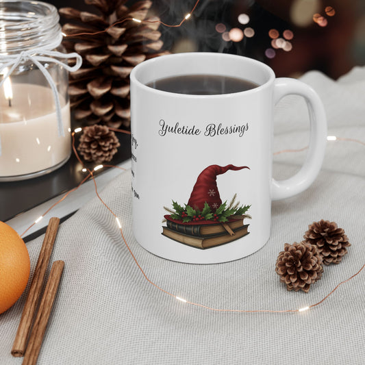 Yuletide Blessings Mug, Festive Witch Hat Coffee Mug, Winter Solstice Gift, Gift for Pagan Holiday