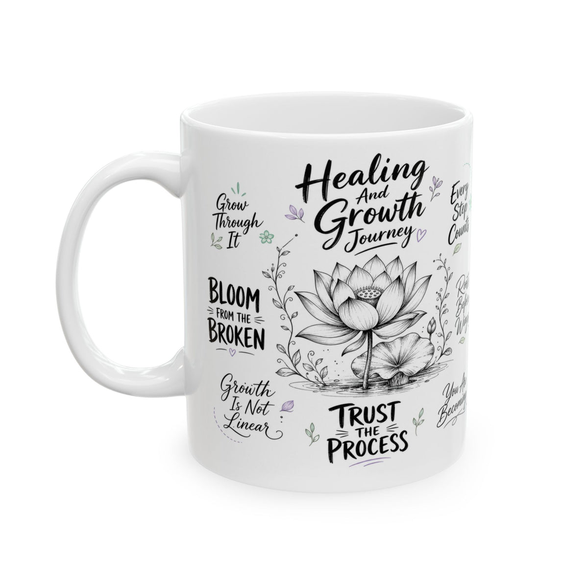 Healing & Growth Journey Mug, Trust the Process Inspirational Lotus Design