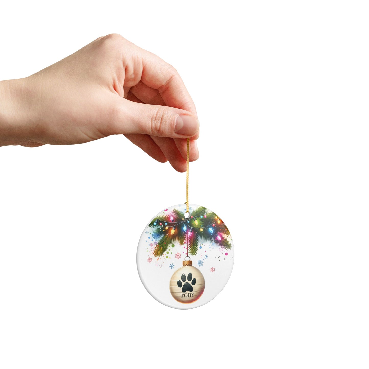 Personalized Dog Paw Print Ornament, Festive Christmas Lights Design
