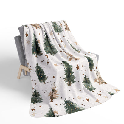 Winter Pines Sherpa Blanket, Cozy Woodland Christmas Throw