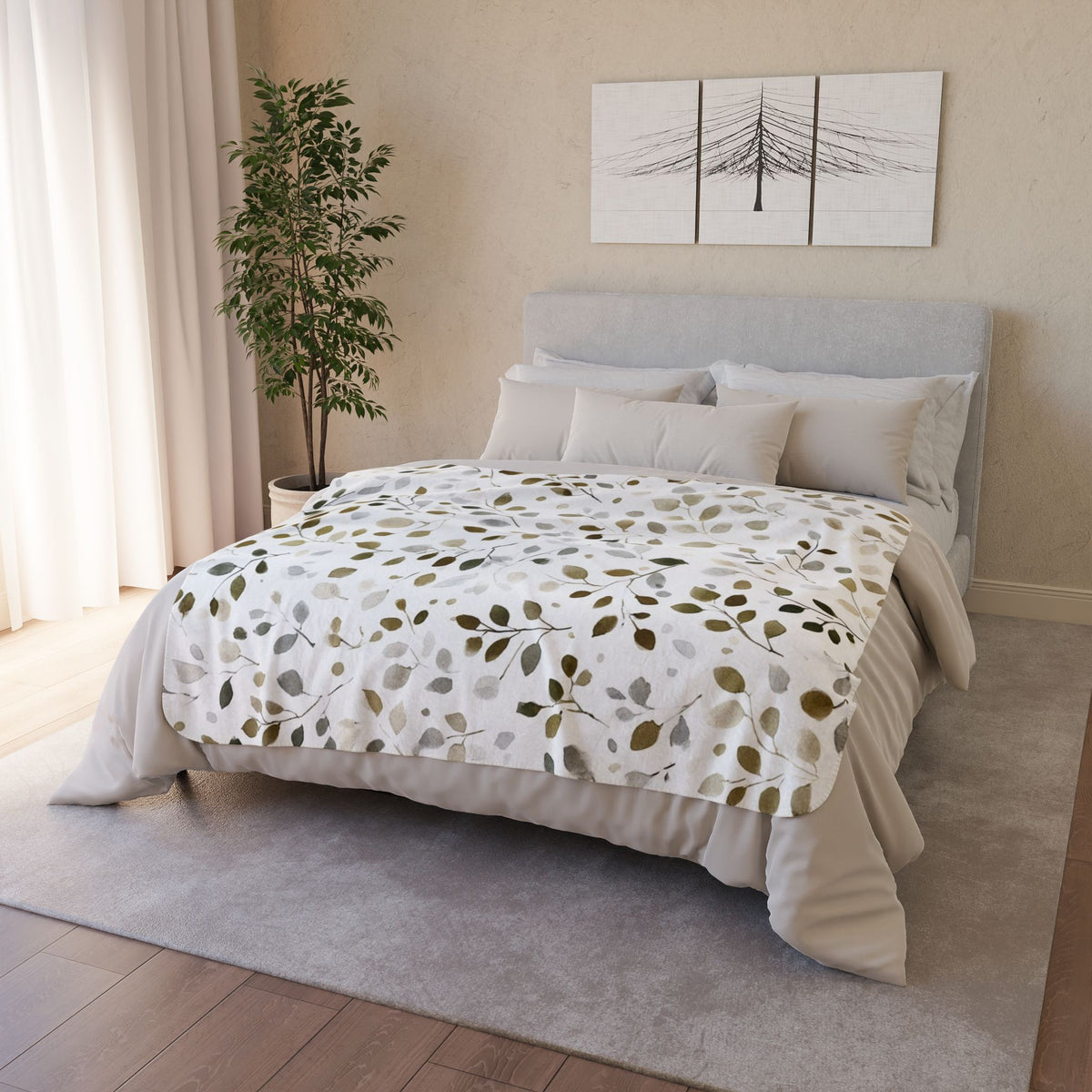 Neutral Botanical Sherpa Blanket, Cozy Boho Leaf Throw