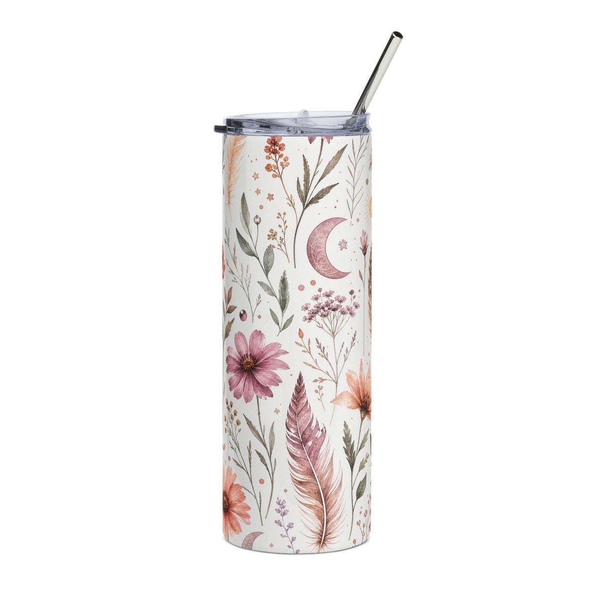 Boho Wildflower Skinny Tumbler, Floral & Feather Travel Cup