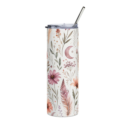 Boho Wildflower Skinny Tumbler, Floral & Feather Travel Cup