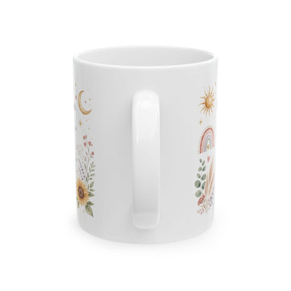Positive Affirmations Mug, Boho Sunflower Self-Love & Mindfulness Design