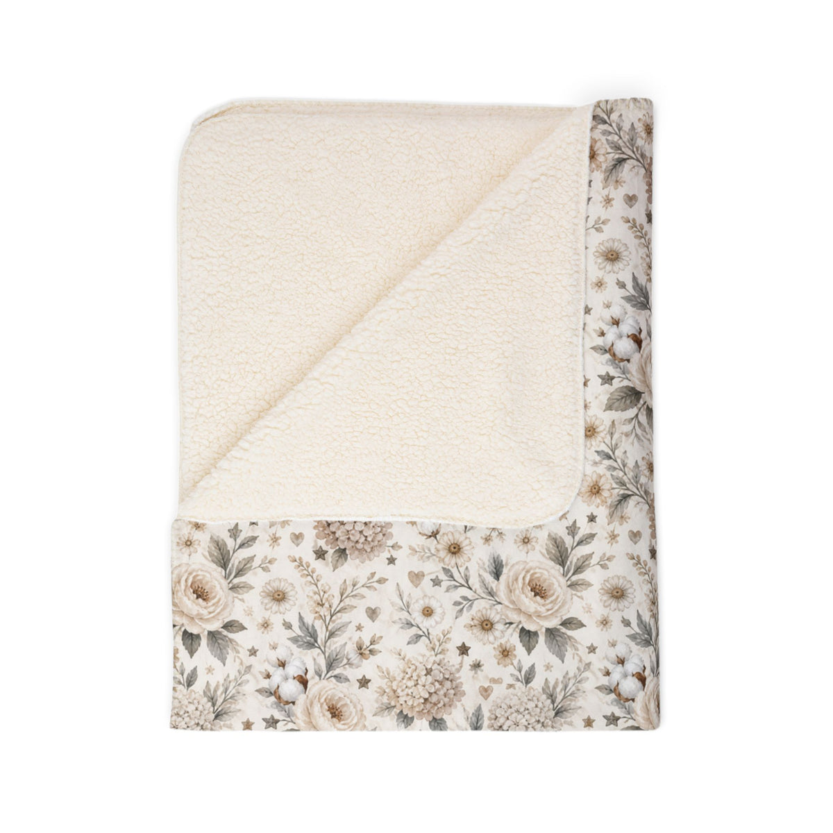 Whispering Meadow Sherpa Blanket, Neutral Boho Floral Throw