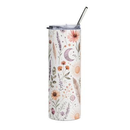 Boho Wildflower Skinny Tumbler, Floral & Feather Travel Cup