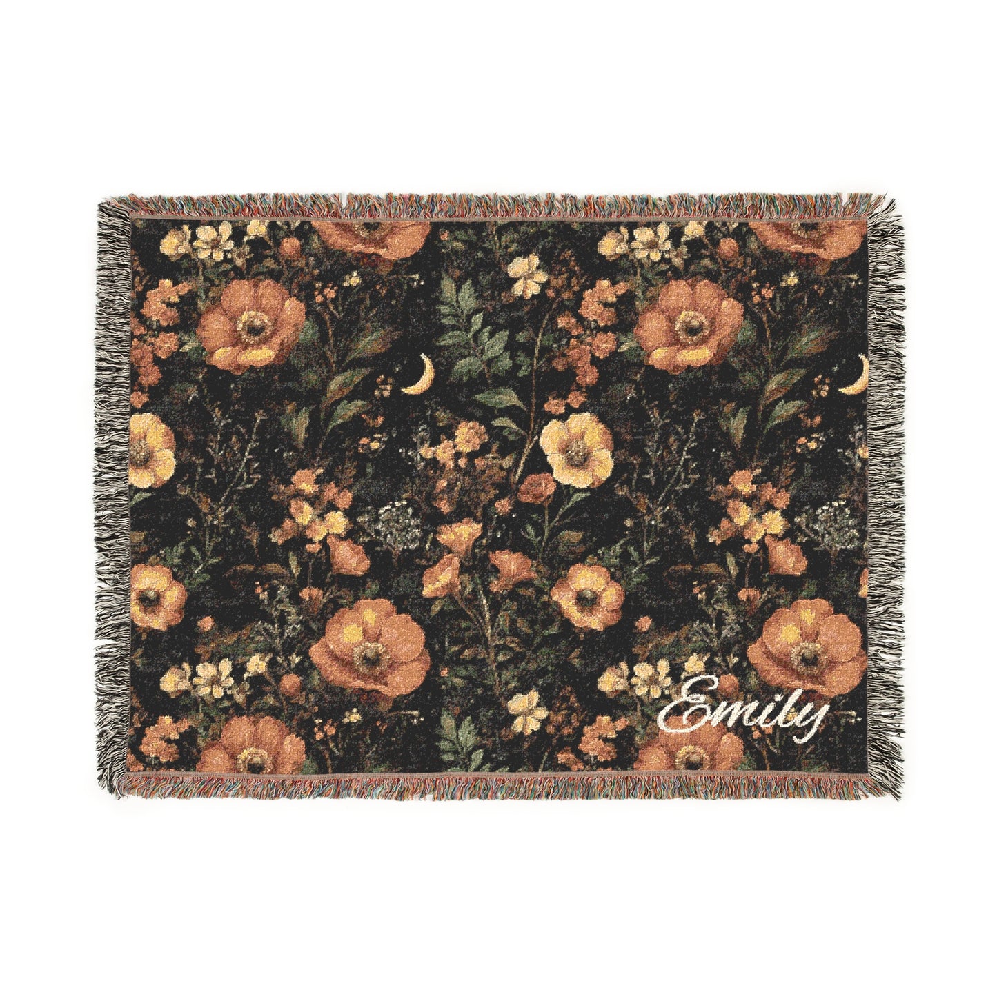 Personalized Dark Floral Fall Woven Blanket, Vintage Flower Throw, Rustic Style, Boho Blanket for Couch