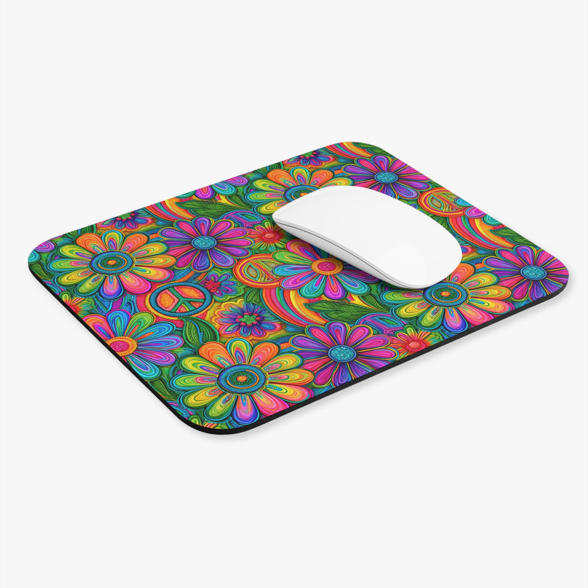 Retro Hippie Peace Sign Mouse Pad, Colorful Boho Floral Desk Accessory