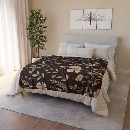 Mocha Wildflower Sherpa Blanket, Dark Boho Floral Throw