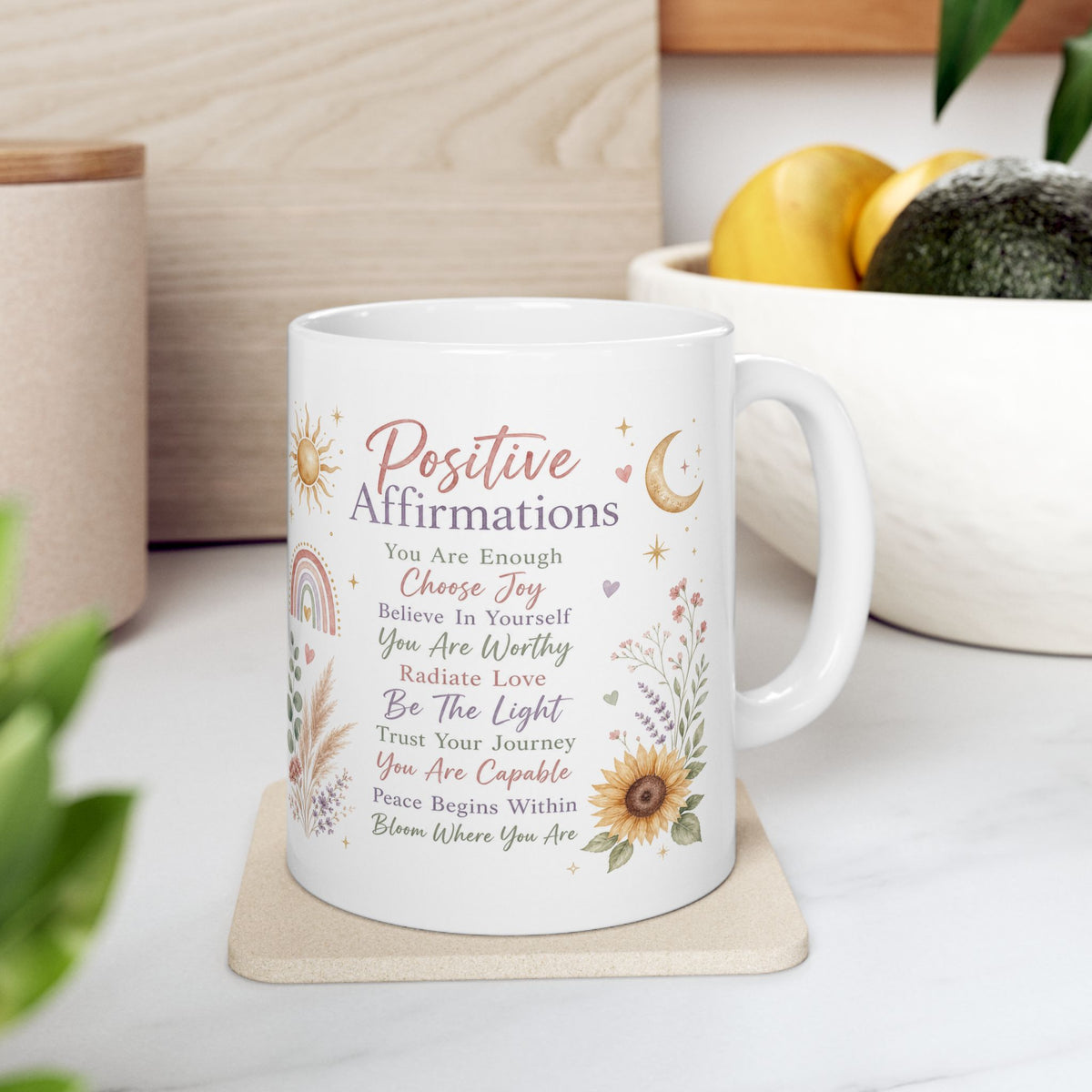 Positive Affirmations Mug, Boho Sunflower Self-Love & Mindfulness Design