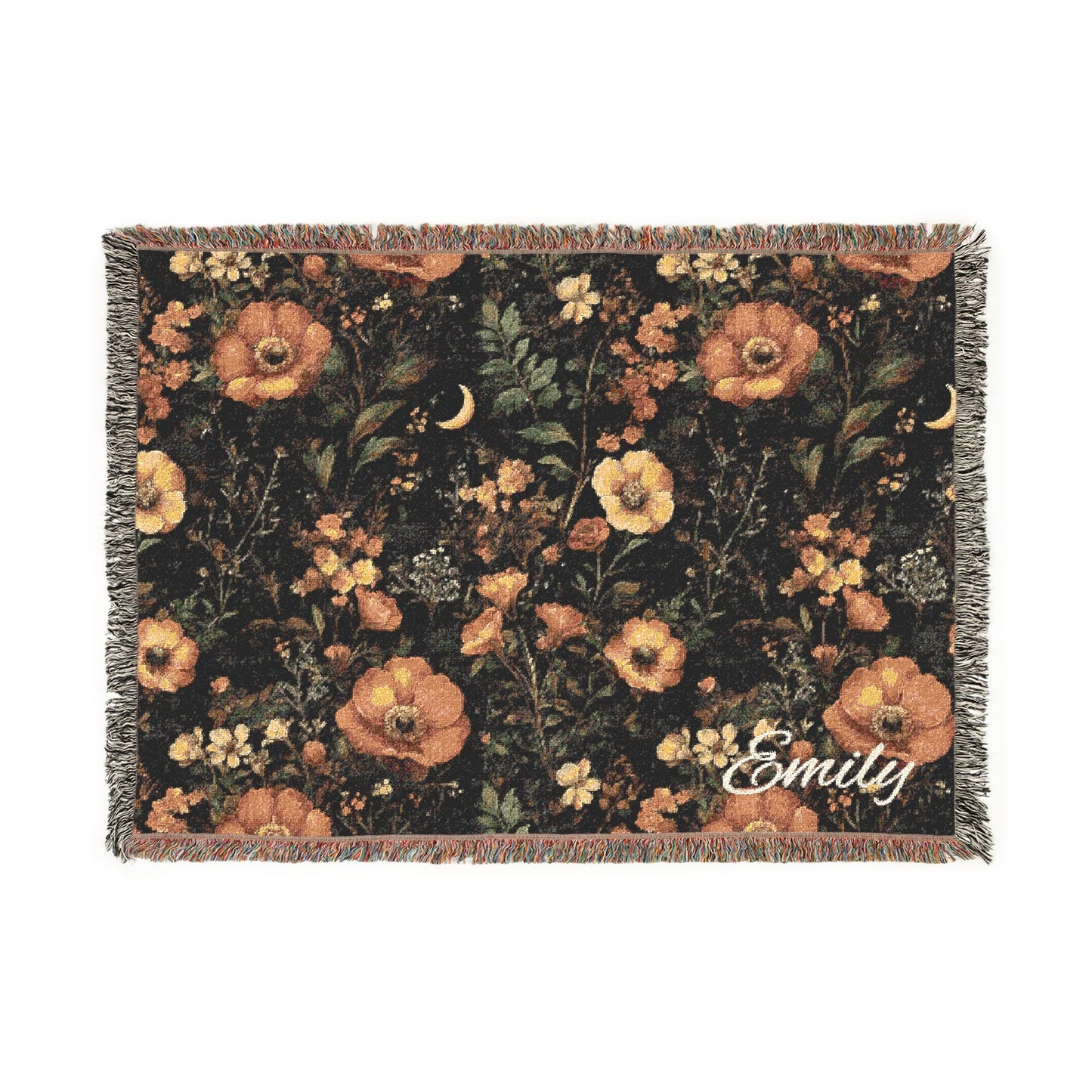 Personalized Dark Floral Fall Woven Blanket, Vintage Flower Throw, Rustic Style, Boho Blanket for Couch