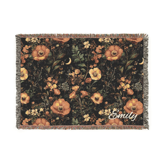 Personalized Dark Floral Fall Woven Blanket, Vintage Flower Throw, Rustic Style, Boho Blanket for Couch