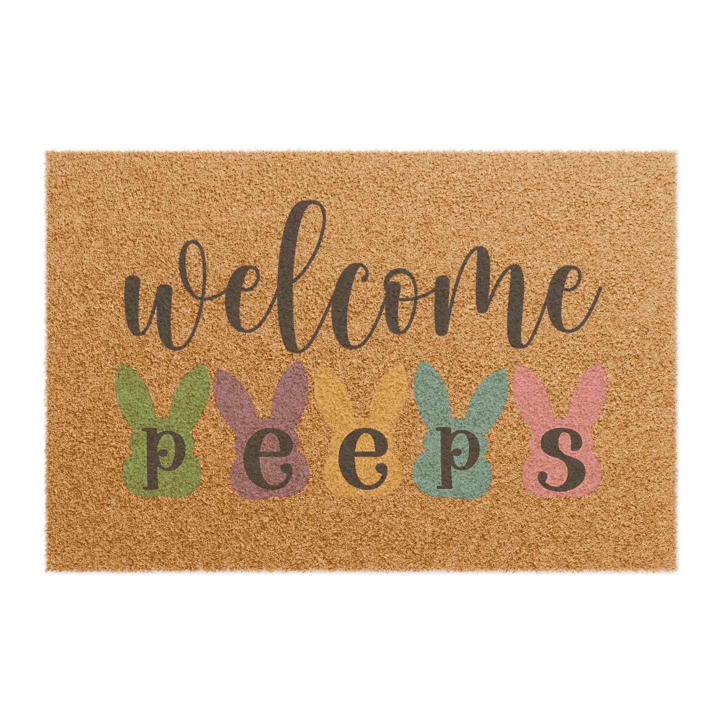 Welcome Peeps Doormat, Easter Bunny Silhouette, Pastel Spring Porch Mat
