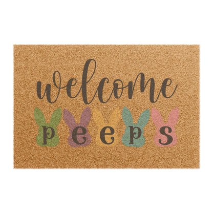 Welcome Peeps Doormat, Easter Bunny Silhouette, Pastel Spring Porch Mat