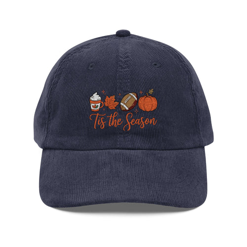 Embroidered Tis The Season Vintage Corduroy Cap, Fall Coffee, Football & Pumpkin Hat