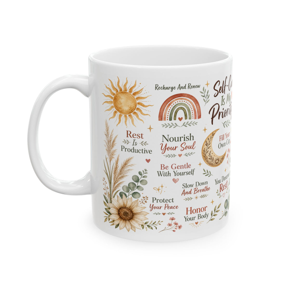 Self-Care Is My Priority Mug, Boho Wellness & Mindfulness Design