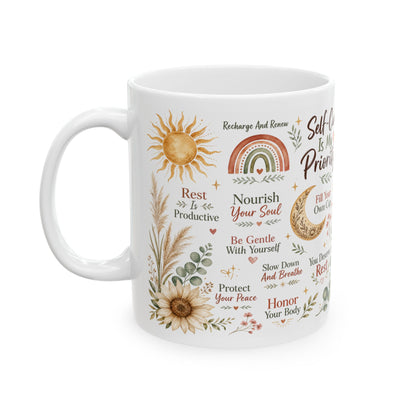 Self-Care Is My Priority Mug, Boho Wellness & Mindfulness Design