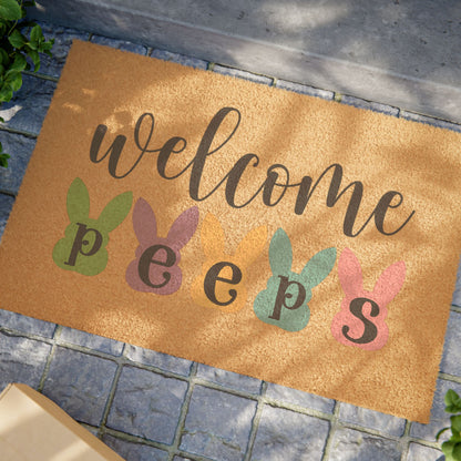 Welcome Peeps Doormat, Easter Bunny Silhouette, Pastel Spring Porch Mat