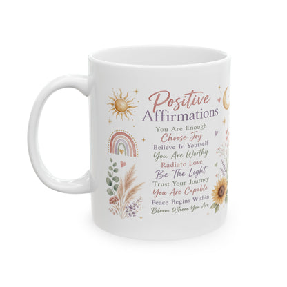 Positive Affirmations Mug, Boho Sunflower Self-Love & Mindfulness Design
