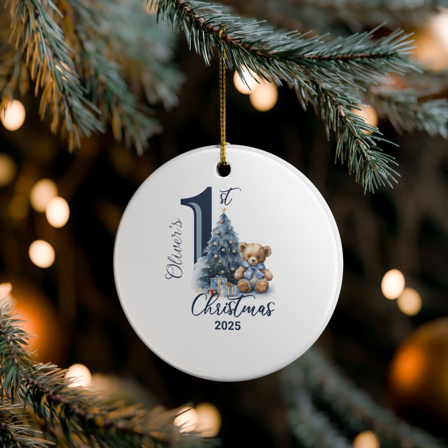 Personalized Baby Boy’s First Christmas Ornament 2025, Teddy Bear Baby Keepsake