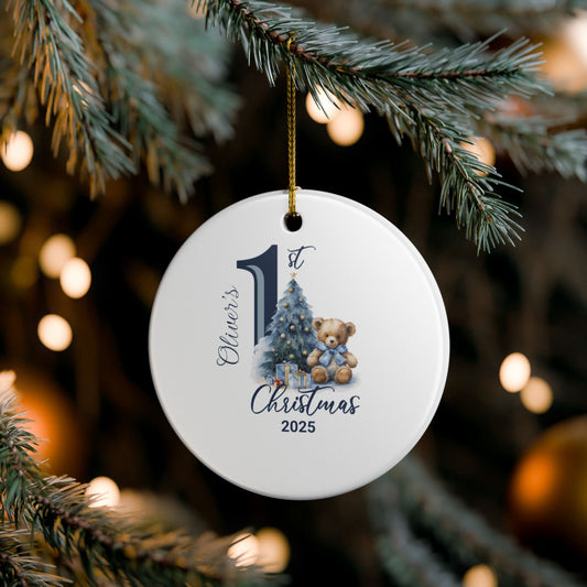 Personalized Baby Boy’s First Christmas Ornament 2025, Teddy Bear Baby Keepsake