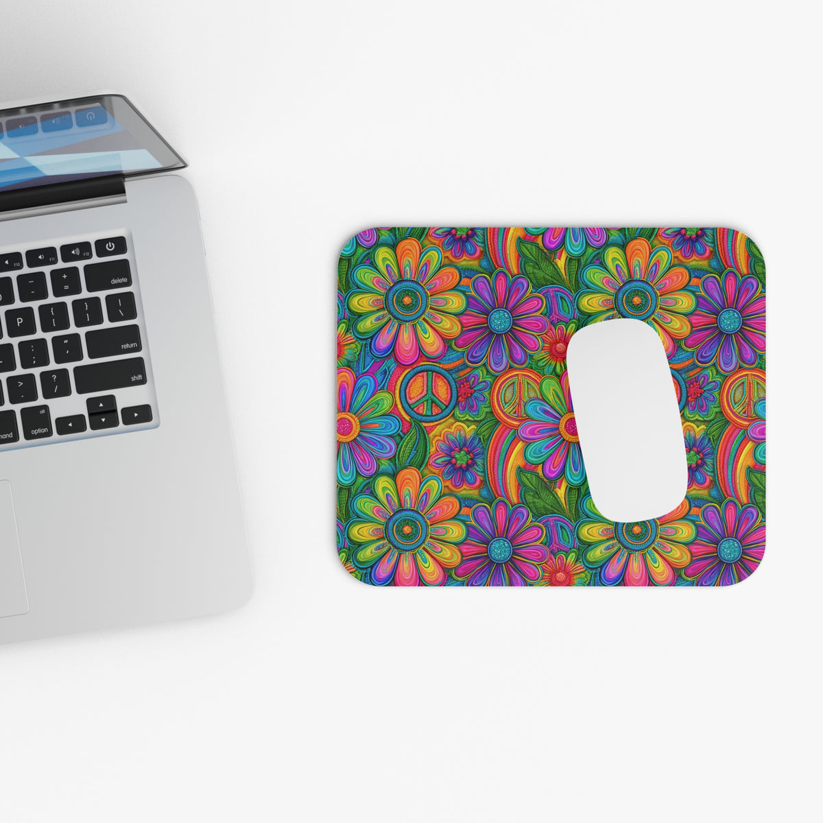 Retro Hippie Peace Sign Mouse Pad, Colorful Boho Floral Desk Accessory