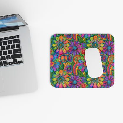 Retro Hippie Peace Sign Mouse Pad, Colorful Boho Floral Desk Accessory