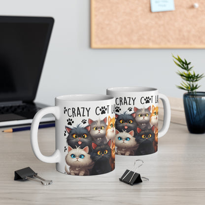 Crazy Cat Lady Cats Mug, Cute Cartoon Kittens, Paw Print Pattern
