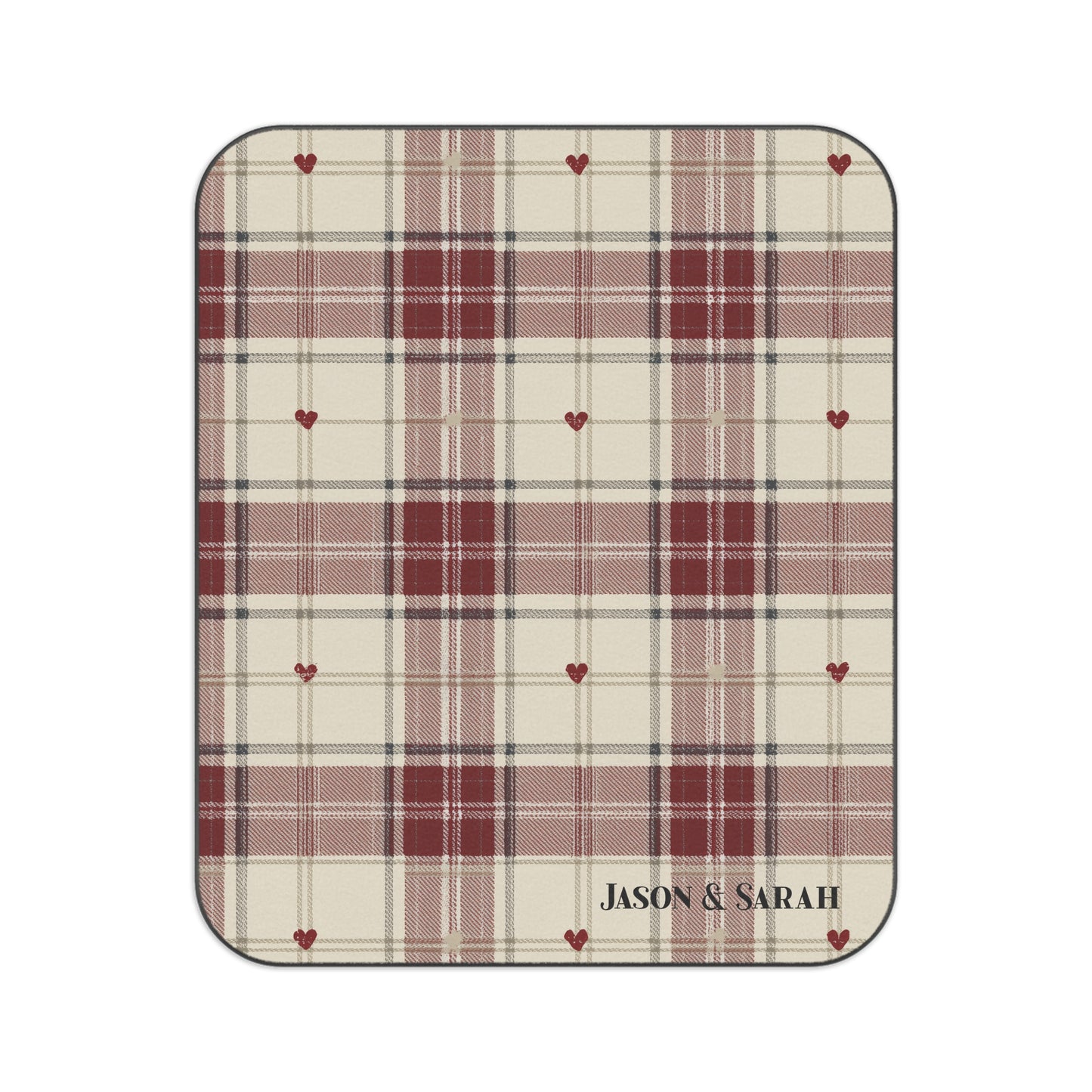 Personalized Picnic Blanket Heart Plaid Throw Fleece Red Pattern Waterproof Backing Oxford Cloth Camping Accessory Outdoor Mat Beach Park Rug