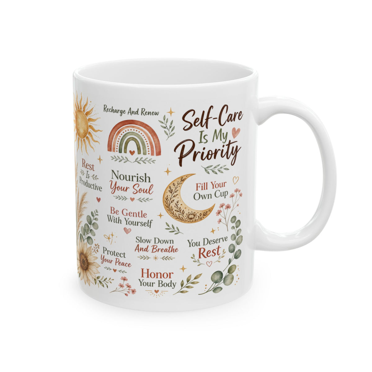 Self-Care Is My Priority Mug, Boho Wellness & Mindfulness Design