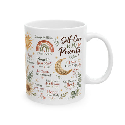 Self-Care Is My Priority Mug, Boho Wellness & Mindfulness Design