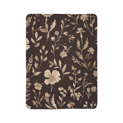 Mocha Wildflower Sherpa Blanket, Dark Boho Floral Throw