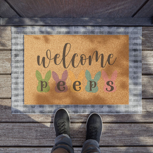 Welcome Peeps Doormat, Easter Bunny Silhouette, Pastel Spring Porch Mat