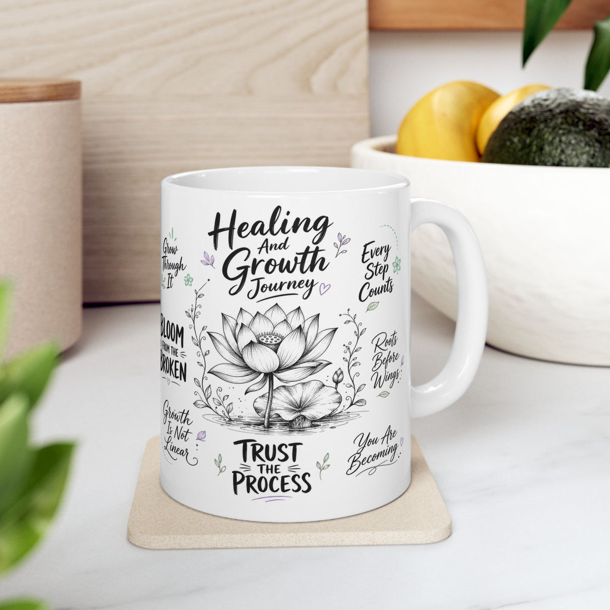 Healing & Growth Journey Mug, Trust the Process Inspirational Lotus Design
