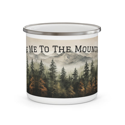 Take Me To The Mountains Mug, Mountain Landscape Enamel Camping Mug, Nature and Outdoor Lover’s Adventure Coffee Cup