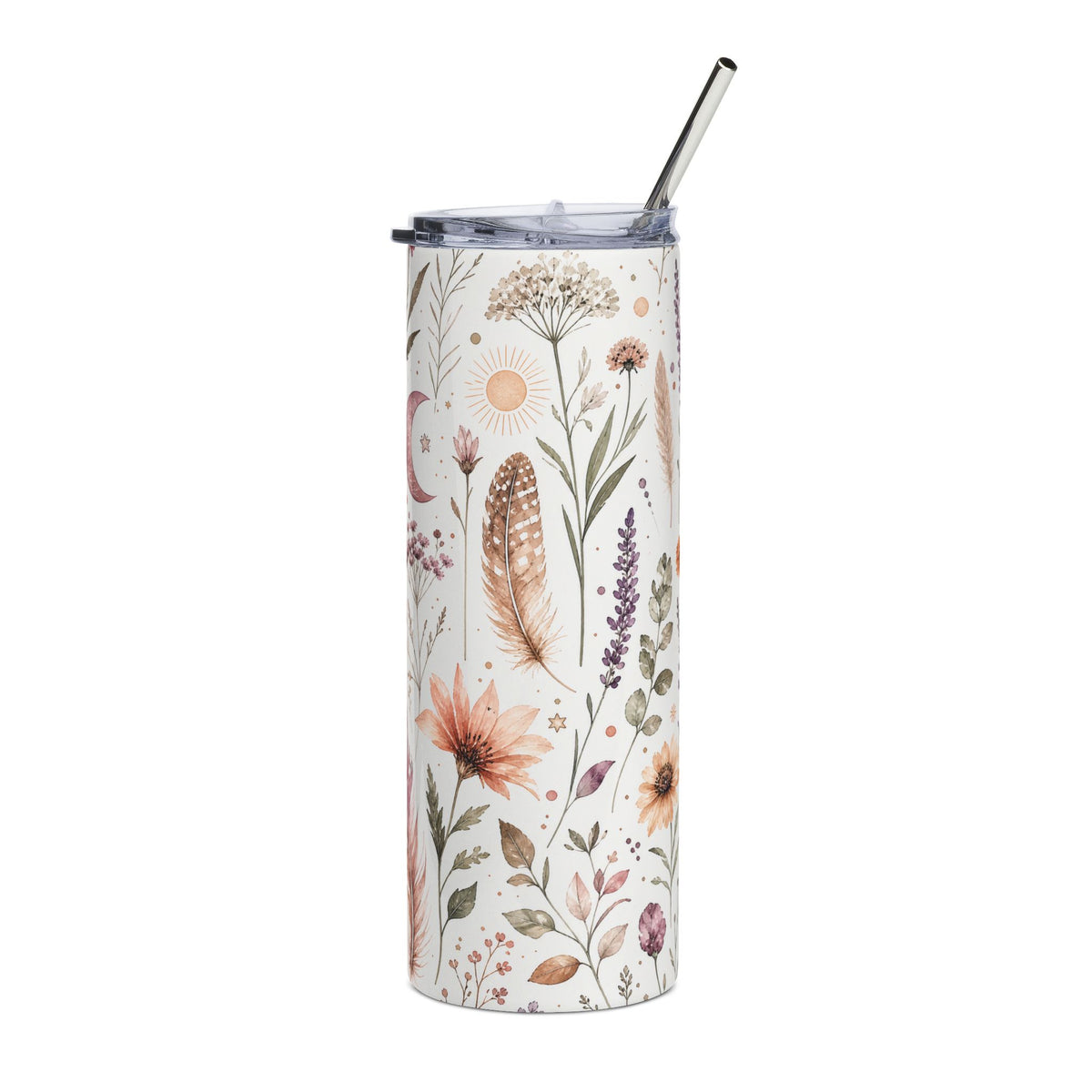 Boho Wildflower Skinny Tumbler, Floral & Feather Travel Cup